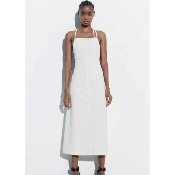 Zara White Cotton Square Neck Strappy Apron Midi Dress Womens Size S Bridal - Picture 2 of 4